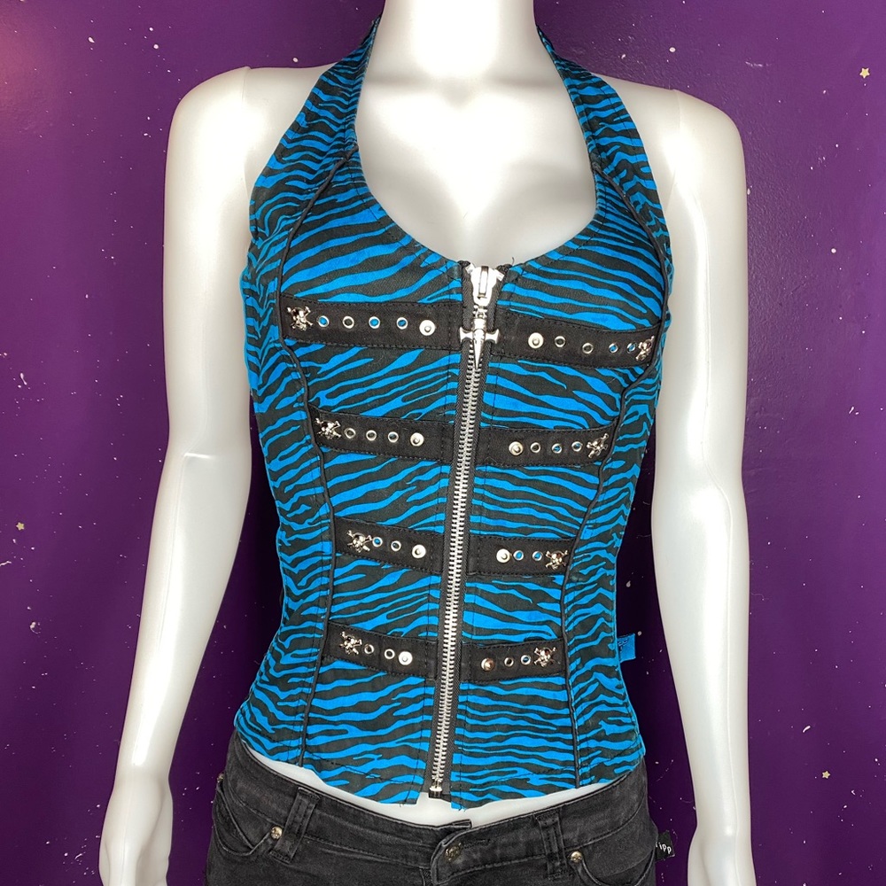 Vintage Tripp NYC worn twice! Stretch corset vest blue tiger print size Small
